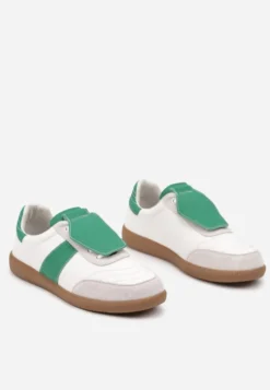 Biało-Zielone Sneakersy na Płaskiej Podeszwie ze Skóry Wykończone Zamszową Wstawką Milirae