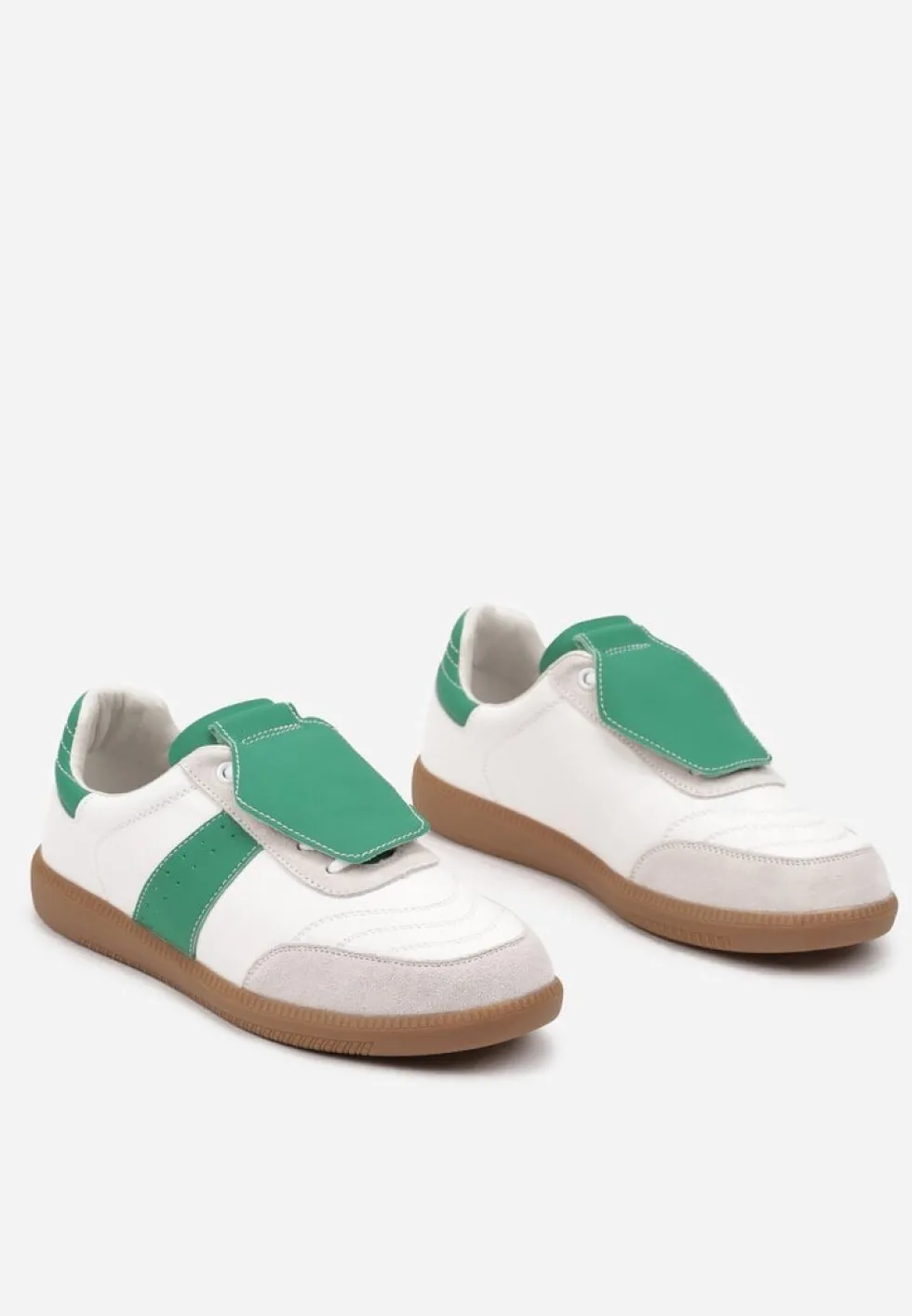 Biało-Zielone Sneakersy na Płaskiej Podeszwie ze Skóry Wykończone Zamszową Wstawką Milirae