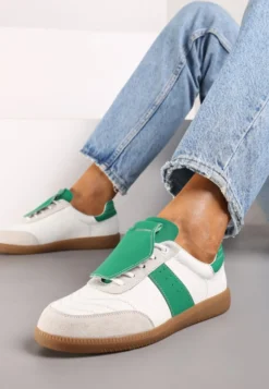 Biało-Zielone Sneakersy na Płaskiej Podeszwie ze Skóry Wykończone Zamszową Wstawką Milirae