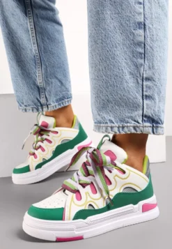 Biało-Zielone Sneakersy na Platformie z Grubymi Kolorowymi Sznurówkami Adrianu