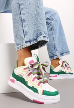 Biało-Zielone Sneakersy na Platformie z Grubymi Kolorowymi Sznurówkami Adrianu