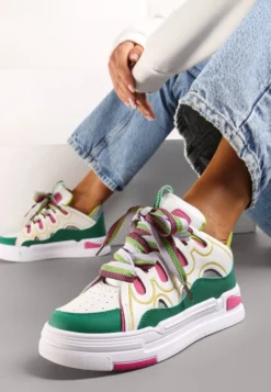 Biało-Zielone Sneakersy na Platformie z Grubymi Kolorowymi Sznurówkami Adrianu