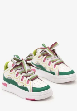 Biało-Zielone Sneakersy na Platformie z Grubymi Kolorowymi Sznurówkami Adrianu