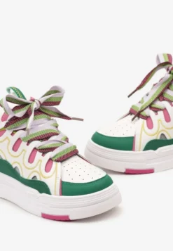 Biało-Zielone Sneakersy na Platformie z Grubymi Kolorowymi Sznurówkami Adrianu