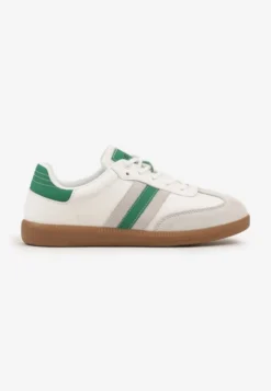 Biało-Zielone Sneakersy ze Skóry Naturalnej na Płaskiej Podeszwie Wykończone Paskami Navinda