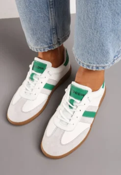 Biało-Zielone Sneakersy ze Skóry Naturalnej na Płaskiej Podeszwie Wykończone Paskami Navinda