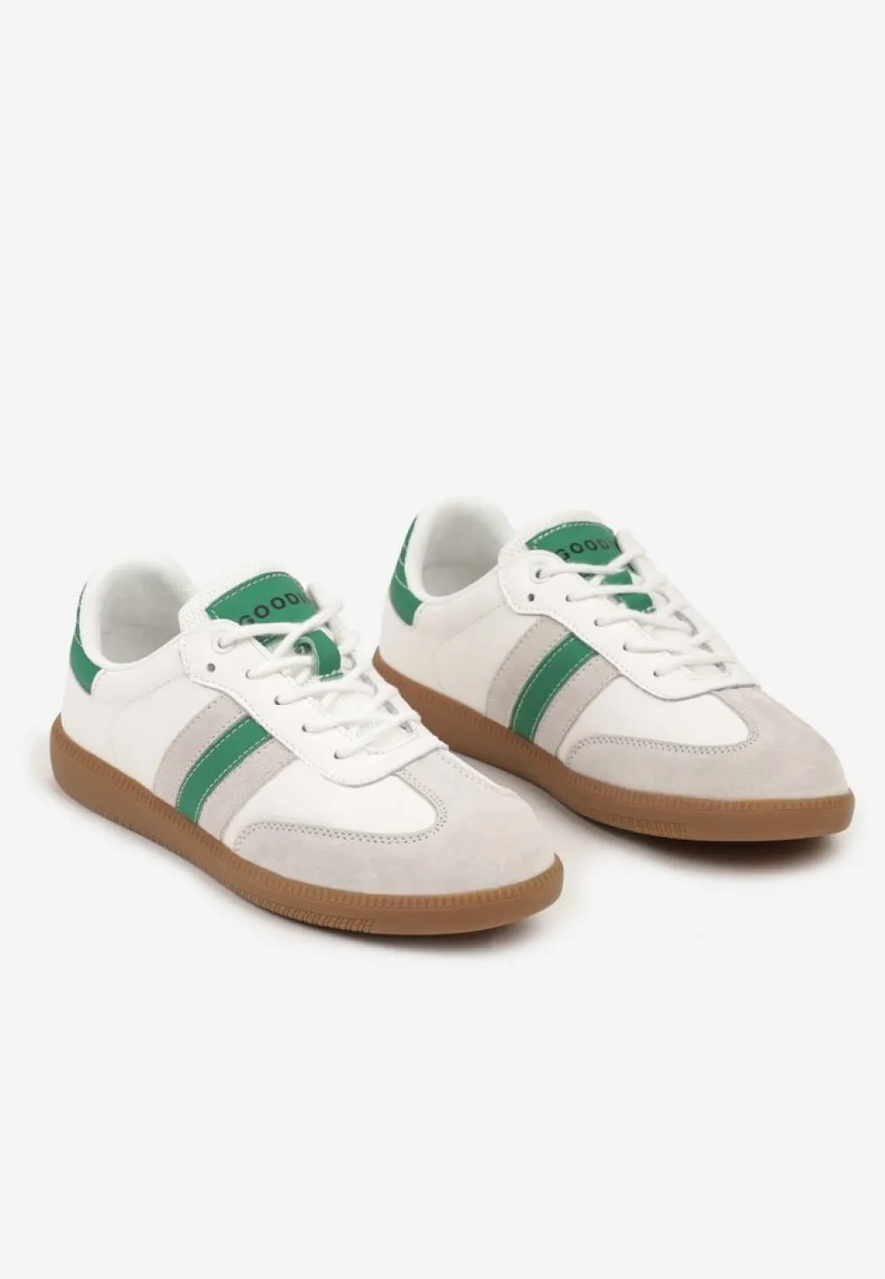 Biało-Zielone Sneakersy ze Skóry Naturalnej na Płaskiej Podeszwie Wykończone Paskami Navinda