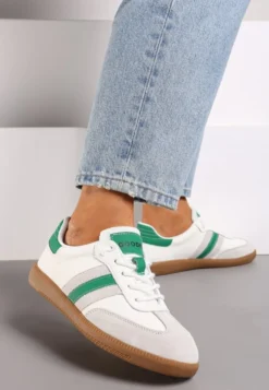 Biało-Zielone Sneakersy ze Skóry Naturalnej na Płaskiej Podeszwie Wykończone Paskami Navinda