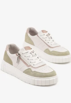 Biało-Zielone Sneakersy ze Skóry Naturalnej z Ozdobnym Suwakiem Tilliraya