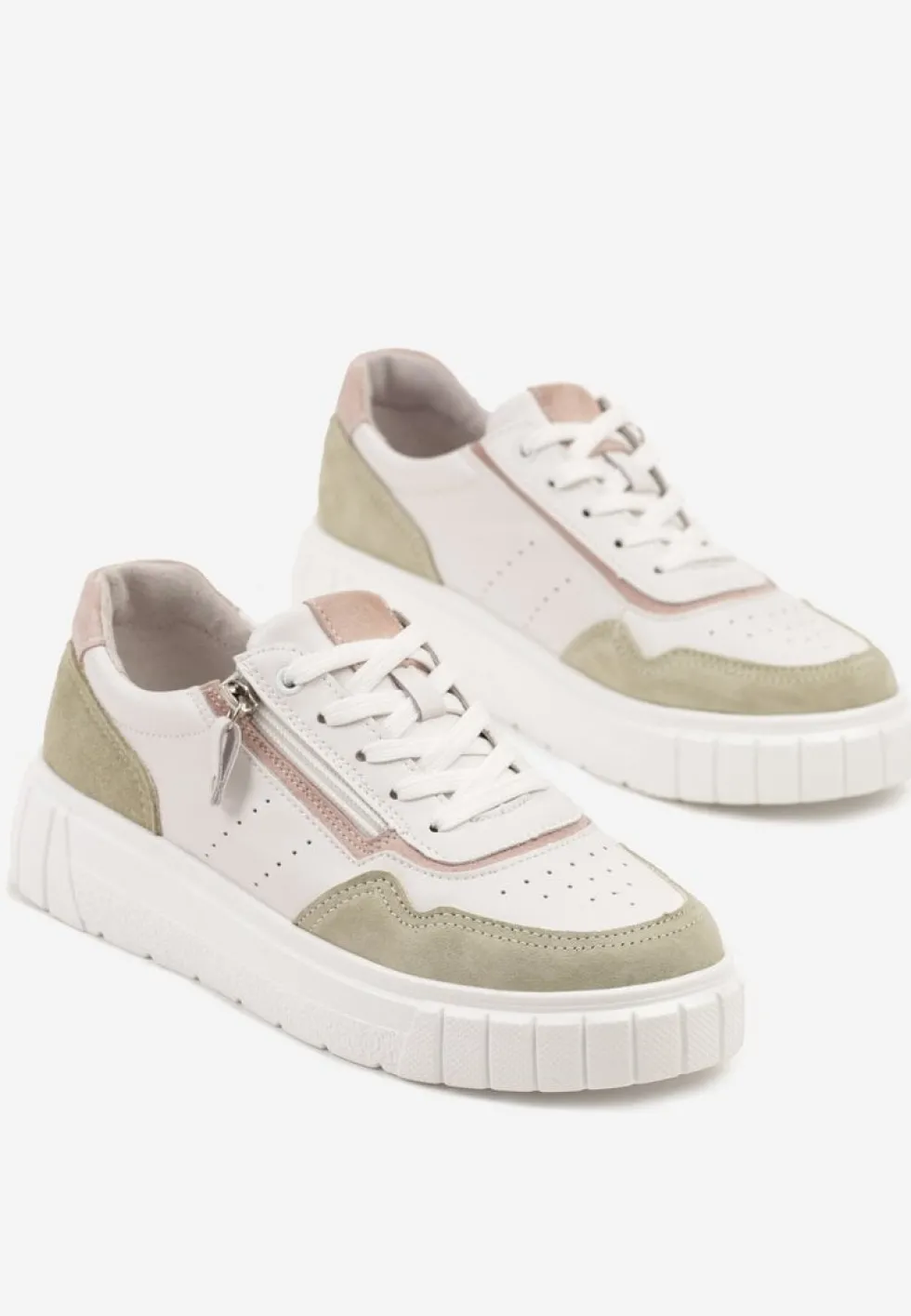 Biało-Zielone Sneakersy ze Skóry Naturalnej z Ozdobnym Suwakiem Tilliraya