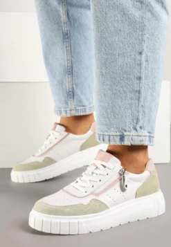 Biało-Zielone Sneakersy ze Skóry Naturalnej z Ozdobnym Suwakiem Tilliraya