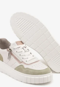 Biało-Zielone Sneakersy ze Skóry Naturalnej z Ozdobnym Suwakiem Tilliraya