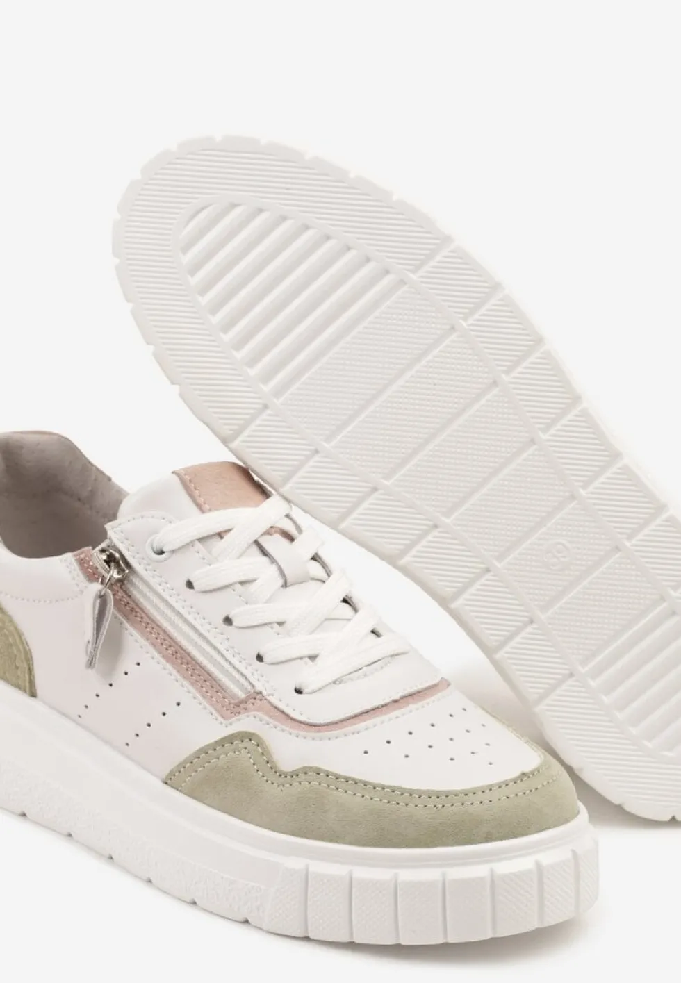 Biało-Zielone Sneakersy ze Skóry Naturalnej z Ozdobnym Suwakiem Tilliraya