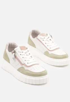 Biało-Zielone Streetwearowe Sneakersy ze Skóry Naturalnej z Ozdobnym Suwakiem Eleavenna