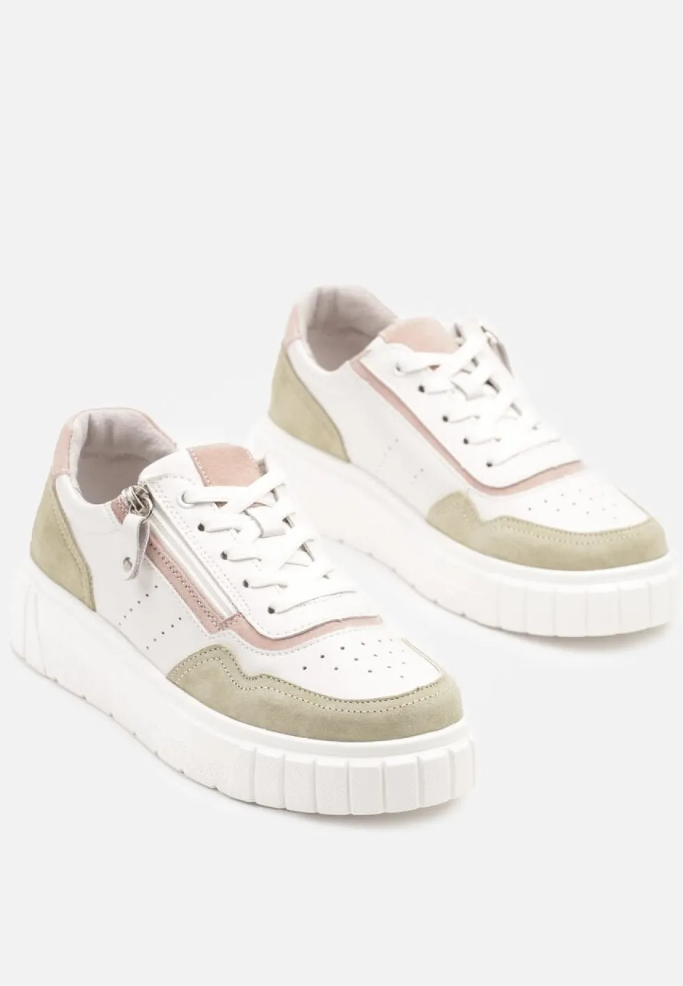 Biało-Zielone Streetwearowe Sneakersy ze Skóry Naturalnej z Ozdobnym Suwakiem Eleavenna