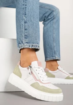Biało-Zielone Streetwearowe Sneakersy ze Skóry Naturalnej z Ozdobnym Suwakiem Eleavenna