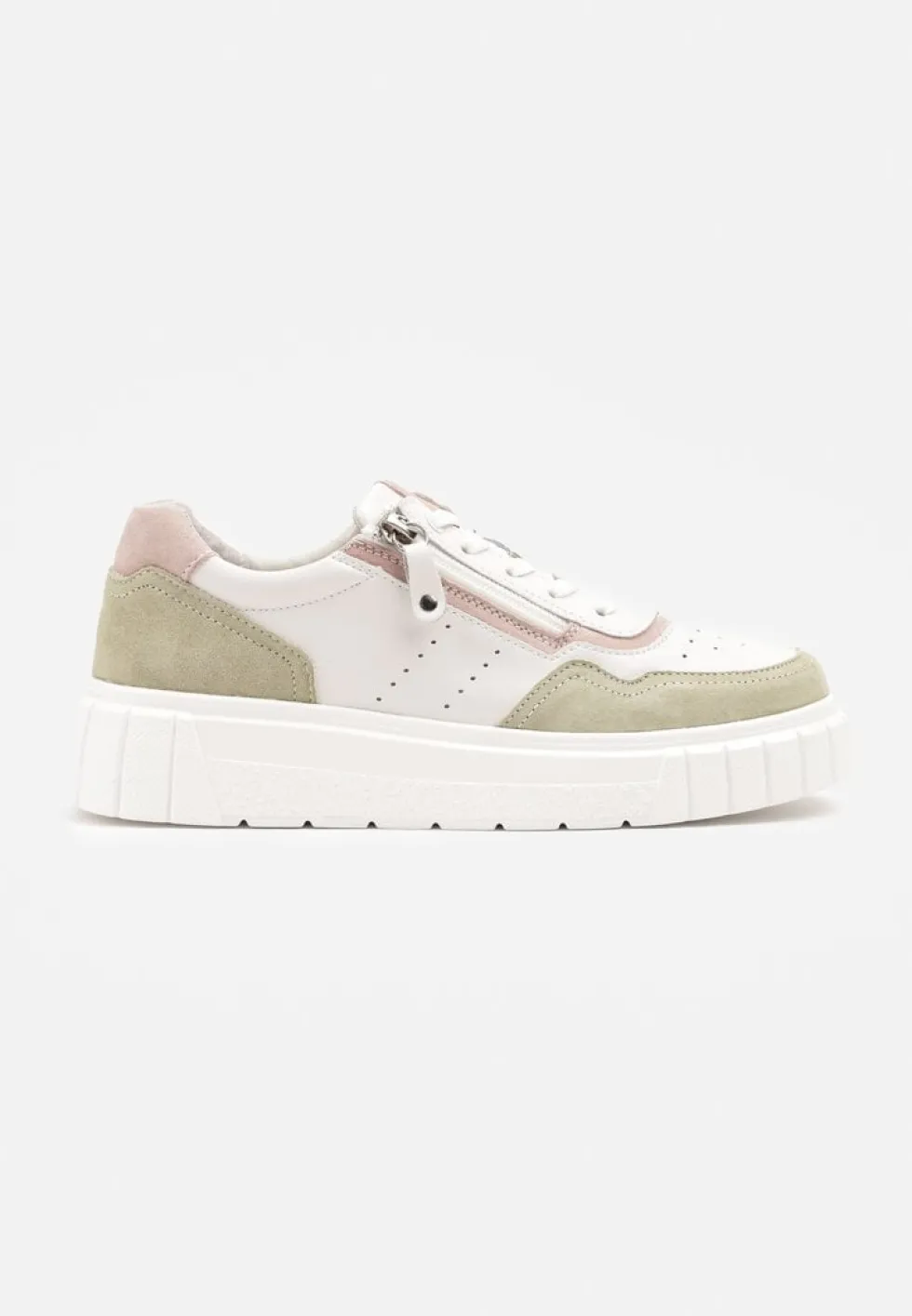 Biało-Zielone Streetwearowe Sneakersy ze Skóry Naturalnej z Ozdobnym Suwakiem Eleavenna