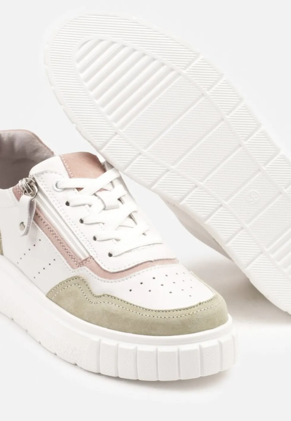 Biało-Zielone Streetwearowe Sneakersy ze Skóry Naturalnej z Ozdobnym Suwakiem Eleavenna