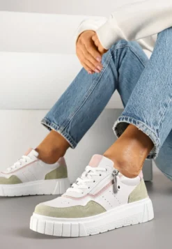 Biało-Zielone Streetwearowe Sneakersy ze Skóry Naturalnej z Ozdobnym Suwakiem Eleavenna