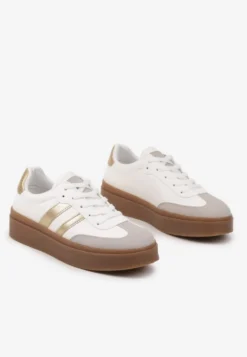 Biało-Złote Klasyczne Sneakersy Tenisówki na Niskiej Platformie Denirla