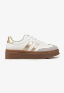 Biało-Złote Klasyczne Sneakersy Tenisówki na Niskiej Platformie Denirla