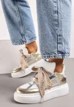 Biało-Złote Sneakersy Na Niskiej Platformie z Szerokimi Sznurówkami we Wzorek Vidira
