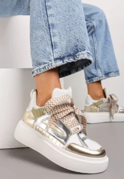 Biało-Złote Sneakersy Na Niskiej Platformie z Szerokimi Sznurówkami we Wzorek Vidira