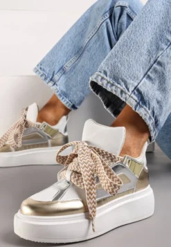 Biało-Złote Sneakersy Na Niskiej Platformie z Szerokimi Sznurówkami we Wzorek Vidira