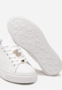 Biało-Złote Sneakersy na Niskiej Platformie ze Wstawką z Imitacji Zamszu i Złotym Misiem Nleona