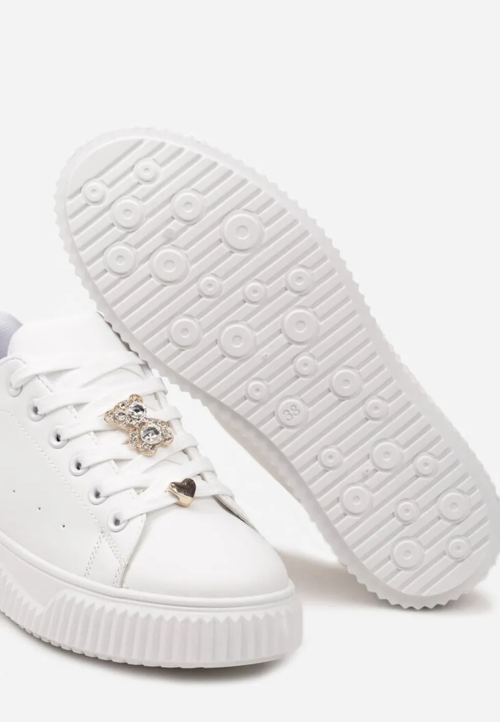 Biało-Złote Sneakersy na Niskiej Platformie ze Wstawką z Imitacji Zamszu i Złotym Misiem Nleona