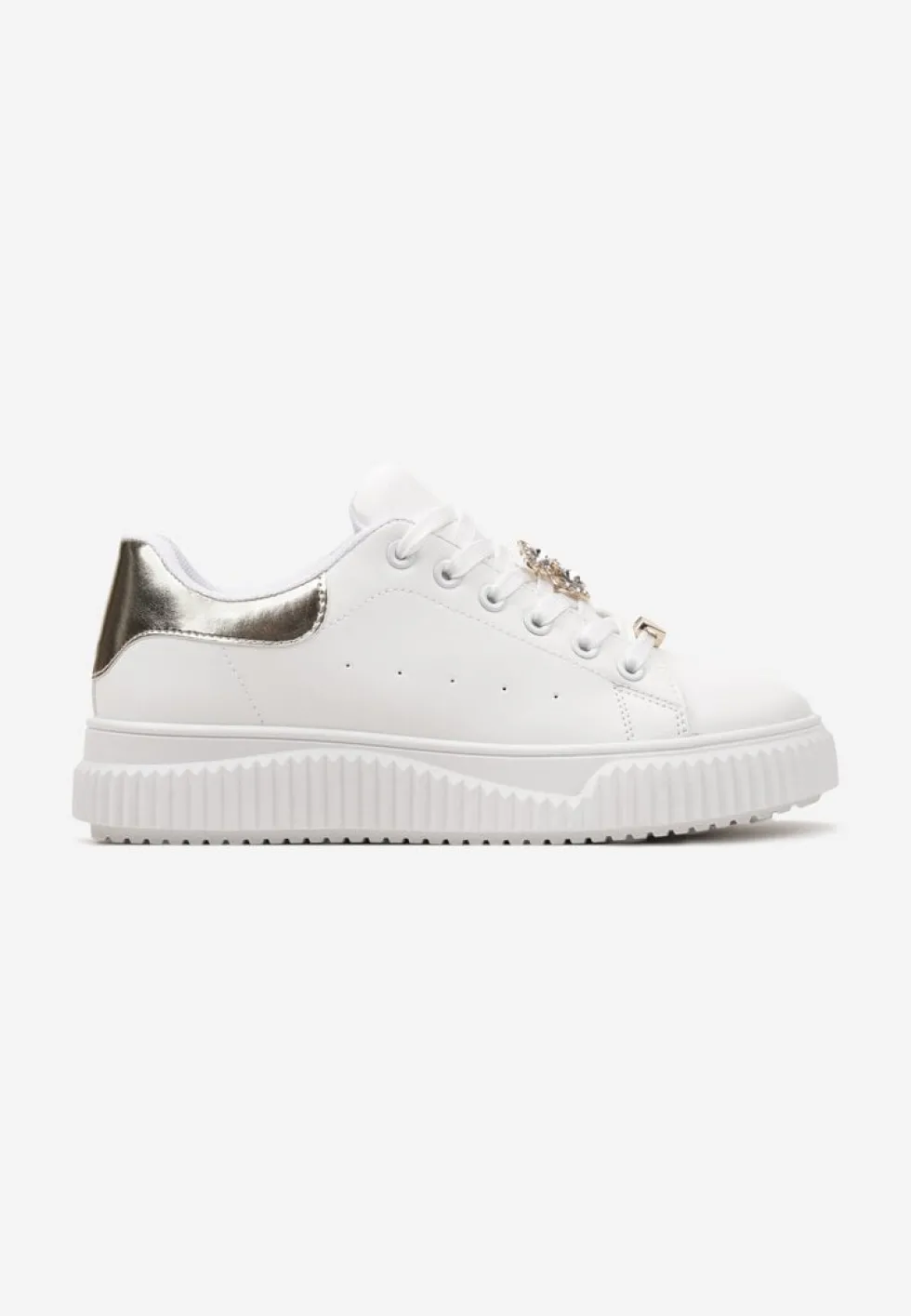 Biało-Złote Sneakersy na Niskiej Platformie ze Wstawką z Imitacji Zamszu i Złotym Misiem Nleona