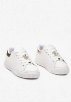 Biało-Złote Sneakersy na Niskiej Platformie ze Wstawką z Imitacji Zamszu i Złotym Misiem Nleona