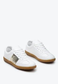 Biało-Złote Sneakersy na Płaskiej Podeszwie z Wiązaniem i Ozdobną Wstawką Drukesti