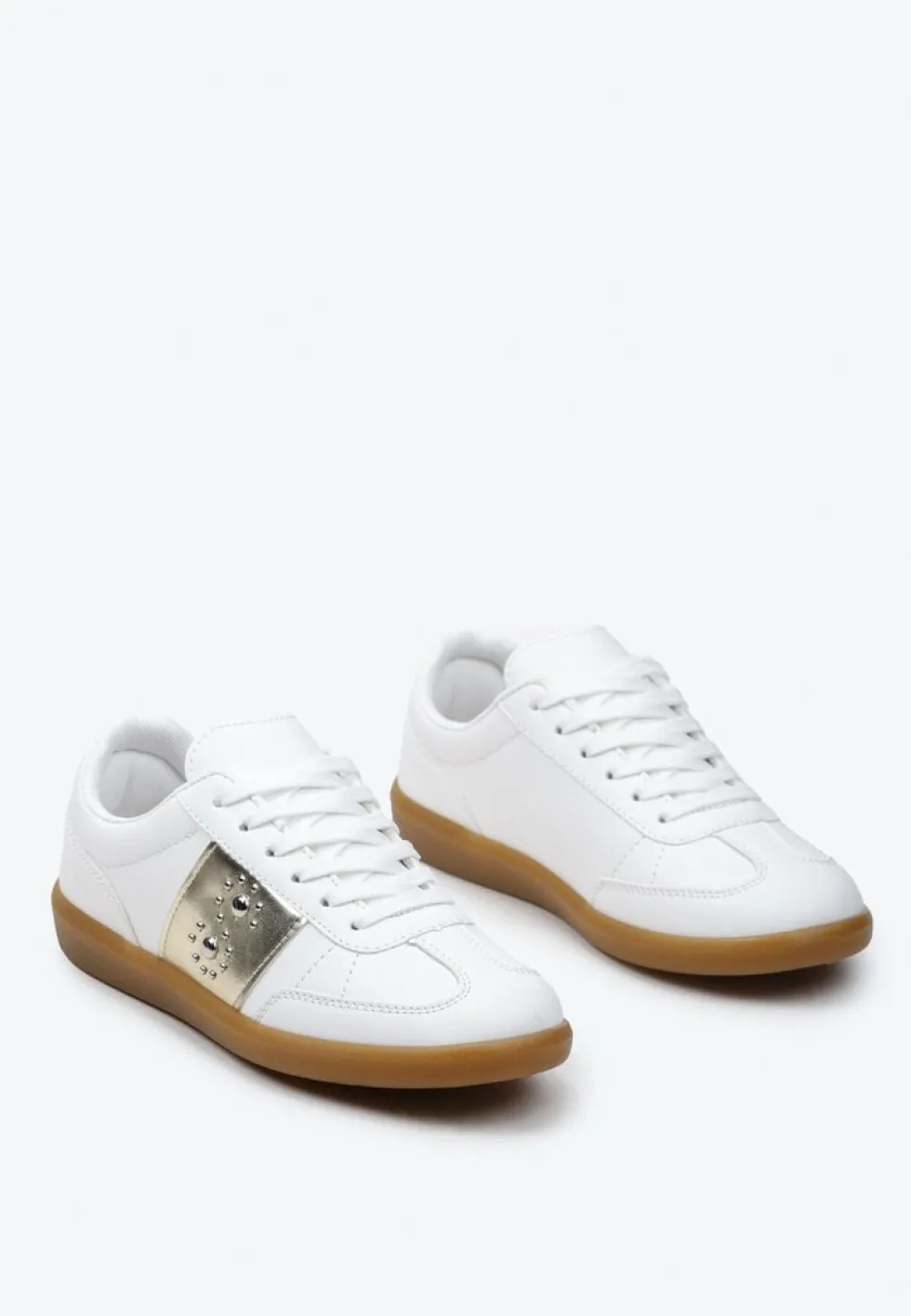 Biało-Złote Sneakersy na Płaskiej Podeszwie z Wiązaniem i Ozdobną Wstawką Drukesti