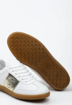 Biało-Złote Sneakersy na Płaskiej Podeszwie z Wiązaniem i Ozdobną Wstawką Drukesti