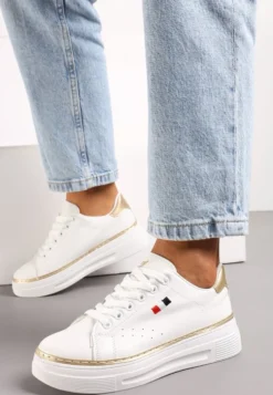 Biało-Złote Sneakersy na Platformie z Minimalistycznym Obszyciem Wokół Podeszwy Ansinrea