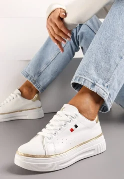 Biało-Złote Sneakersy na Platformie z Minimalistycznym Obszyciem Wokół Podeszwy Ansinrea