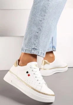 Biało-Złote Sneakersy na Platformie z Minimalistycznym Obszyciem Wokół Podeszwy Ansinrea