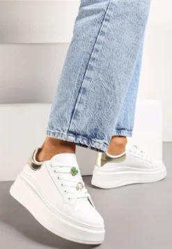 Biało-Złote Sneakersy Ozdobione Cyrkoniami i Kwiatami na Grubej Podeszwie Rainasse