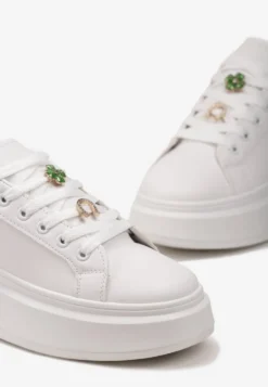 Biało-Złote Sneakersy Ozdobione Cyrkoniami i Kwiatami na Grubej Podeszwie Rainasse