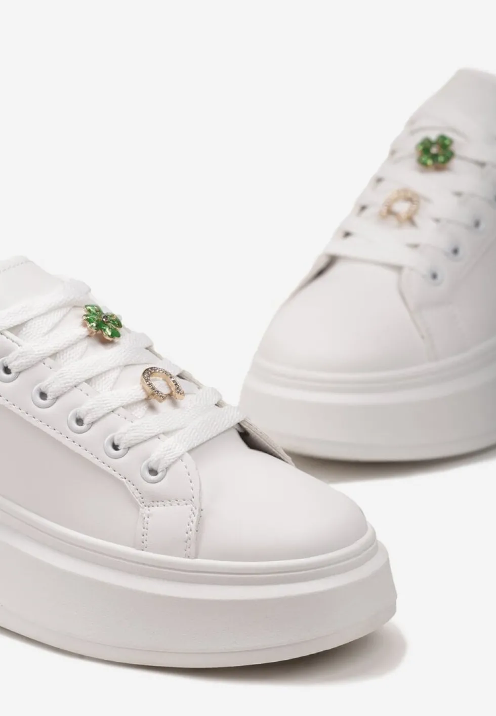 Biało-Złote Sneakersy Ozdobione Cyrkoniami i Kwiatami na Grubej Podeszwie Rainasse