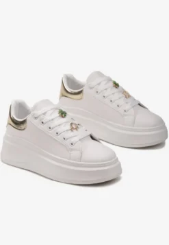 Biało-Złote Sneakersy Ozdobione Cyrkoniami i Kwiatami na Grubej Podeszwie Rainasse