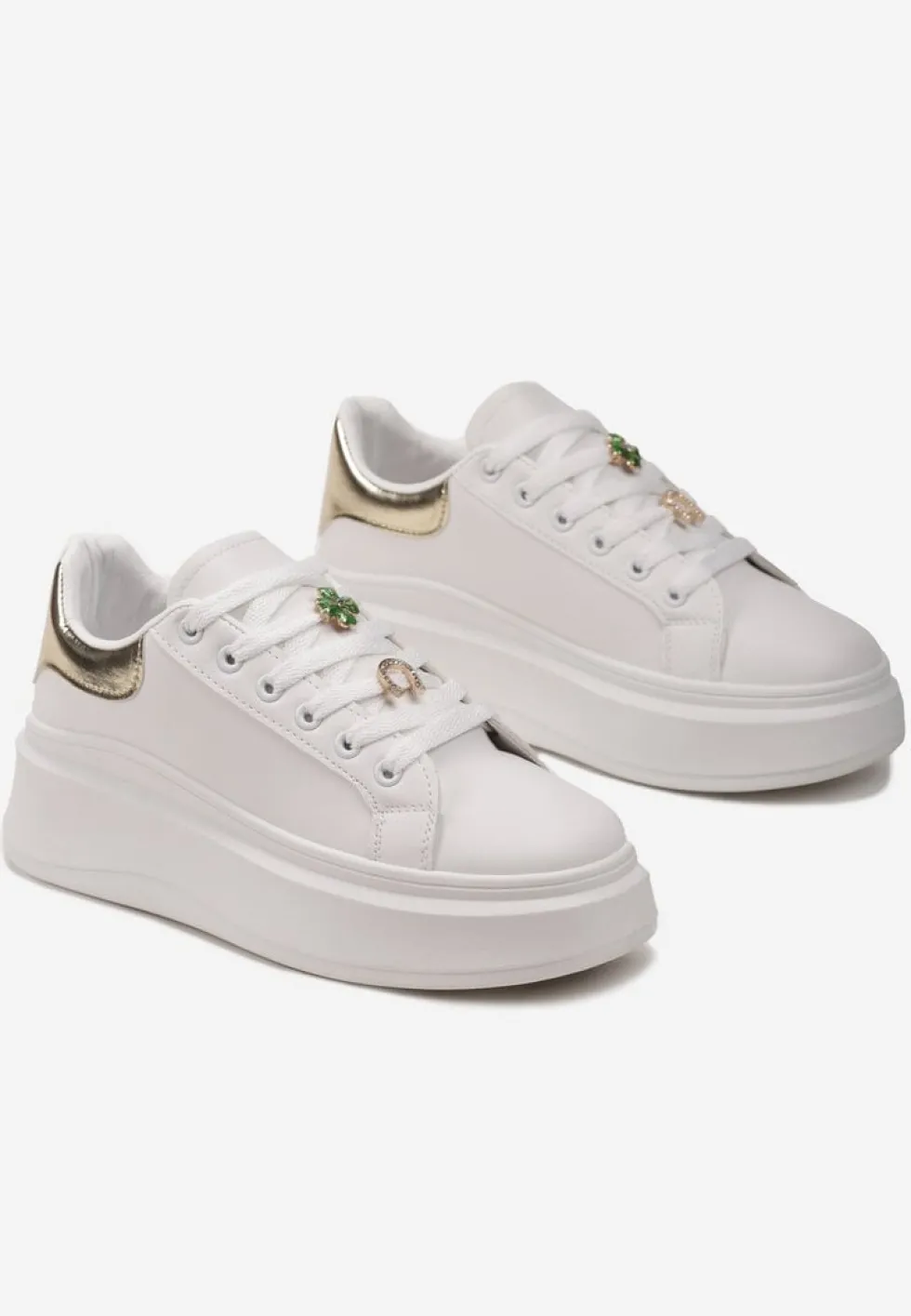 Biało-Złote Sneakersy Ozdobione Cyrkoniami i Kwiatami na Grubej Podeszwie Rainasse