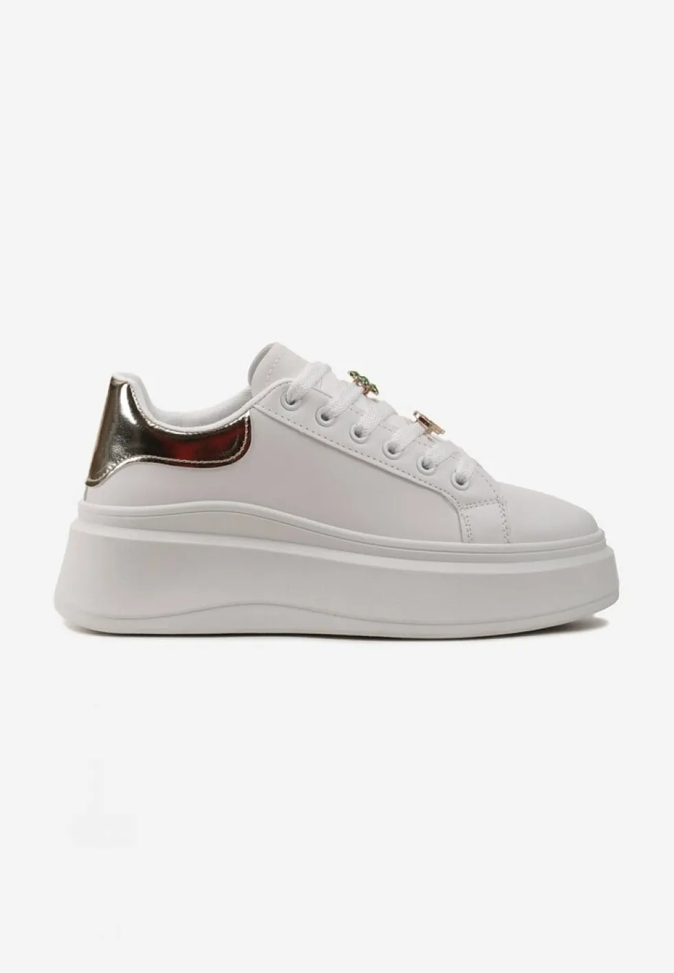 Biało-Złote Sneakersy Ozdobione Cyrkoniami i Kwiatami na Grubej Podeszwie Rainasse