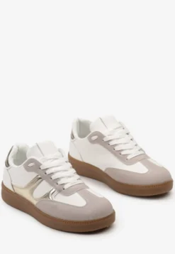 Biało-Złote Sneakersy w Stylu Kultowych Tenisówek z Kauczukową Podeszwą Poseiama