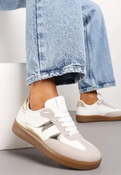 Biało-Złote Sneakersy w Stylu Kultowych Tenisówek z Kauczukową Podeszwą Poseiama