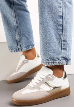 Biało-Złote Sneakersy w Stylu Kultowych Tenisówek z Kauczukową Podeszwą Poseiama