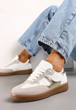 Biało-Złote Sneakersy w Stylu Kultowych Tenisówek z Kauczukową Podeszwą Poseiama