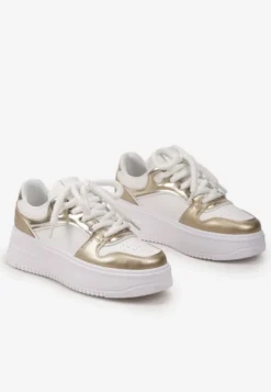 Biało-Złote Sneakersy z Cholewką z Licznymi Wstawkami na Grubej Podeszwie Lenarise