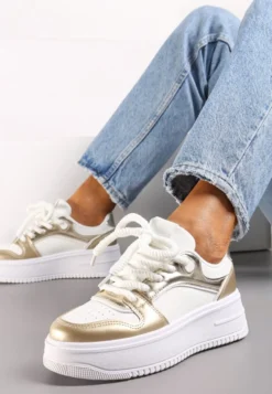 Biało-Złote Sneakersy z Cholewką z Licznymi Wstawkami na Grubej Podeszwie Lenarise